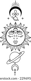 Moon and sun mystical symbol, Boho silhouette design vector celestial illustration
