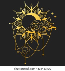 Moon and Sun on black background. Vector illustration