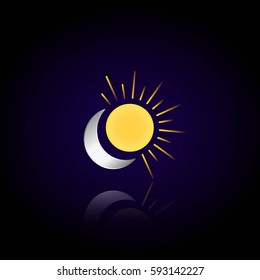 The moon and the sun on a dark background. Reflection of the moon and sun. 
Cartoon night sky