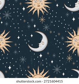 Moon and sun pattern. Starry Night allover print for surface designs, backgrounds, apparel, wallpaper, stationery, homeware. Whimsical motif inspired by Constellation.