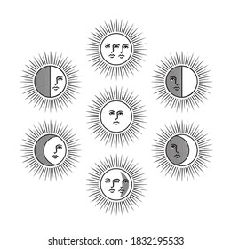 La fase Luna y Sol. Se puede usar como dibujo de un tatuaje.