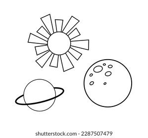 Luna, sol, planeta saturn. Ilustraciones de contorno de vectores aisladas en fondo blanco para libro de coloreado
