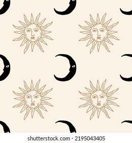 Moon and Sun repeat esoteric ornament. Day and night concept. Boho groovy mystical psychedelic vintage astronomy style, hippie magic seamless pattern, vector background.