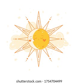 Moon and sun in round frame. Modern flat style vector illustation