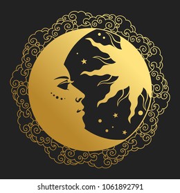 Moon and Sun in round frame. Vector illustration in retro style