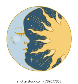 Moon and Sun in round frame. Vector illustration in retro style