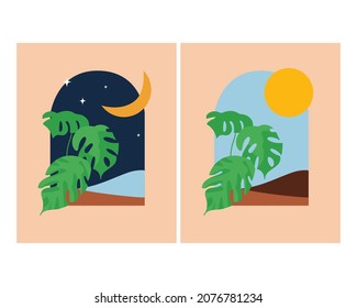 Moon and Sun set wall art vector. Earth tones landscapes backgrounds design for print, cover, wallpaper. Vector illustration