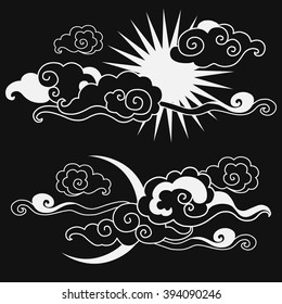 Moon & Sun in the sky. Decorative graphic design elements. Vector illustration