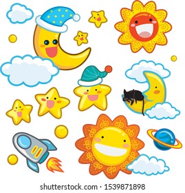 The moon and The sun in the space have the star and spaceship