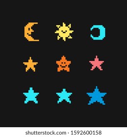 Moon, sun and star characters, pixel art icons set, isolated vector illustration. Various night symbols. Game assets 1-bit sprite. Design for logo, stickers, web, mobile app.