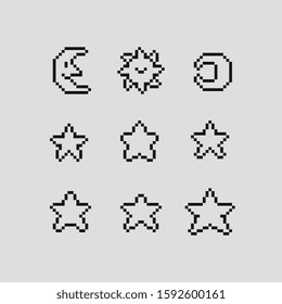 Moon, sun and star pixel art icons set, isolated abstract vector illustration. Various night symbols. Game assets 1-bit sprite. Design for logo, web, mobile app, sticker design pack.