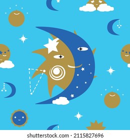 Luna, sol, estrellas y nubes diseño de bebés en oro, azul y blanco. Ilustración vectorial. Patrón sin foco. Impresión de tejido.