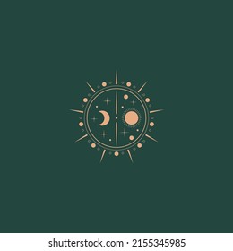 Moon, sun, stars. Geometric, linear art style. Trendy Vector illustration. Isolated round icon. Boho, esoteric, witchcraft, alchemy, mystic, abstract concept. Logo, avatar, poster, print template