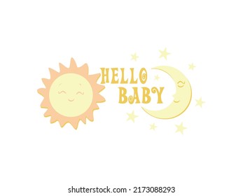 Moon Sun and Stars Icon Vector illustration. Hello Baby Art sign, emblem isolated on White Background, Flat style for Graphic and Web Design, Logo, Sticker, Tattoo