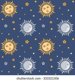 Moon, Sun and Stars. Seamless background. Vector illustration.
