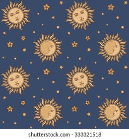 Moon, Sun and Stars. Seamless background. Vector illustration.