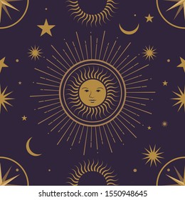 Moon, sun and stars, seamless ornamental pattern