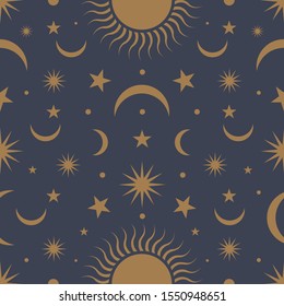 Moon, sun and stars, seamless ornamental pattern