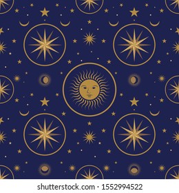 Moon, sun and stars, seamless ornamental pattern