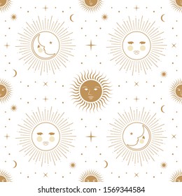 Moon, sun and stars, seamless ornamental pattern