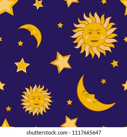 Moon, sun and stars in the sky. Vector seamless pattern.