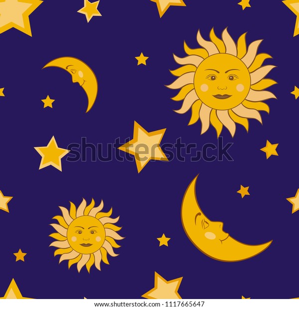 Moon,\
sun and stars in the sky. Vector seamless\
pattern.