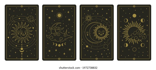 Moon and sun tarot cards. Mystical hand drawn celestial bodies cards, magic tarot card vector illustration set. Magical esoteric tarot cards. Magic spiritual card, astronomy tarot card, sketch vintage