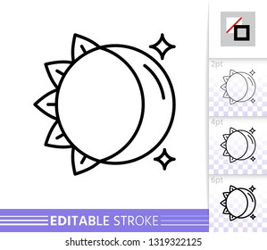 Moon and Sun thin line icon. Day and Night flat style banner. Celestial poster. Linear pictogram. Simple illustration, outline symbol. Vector sign isolated on white. Editable stroke icons without fill