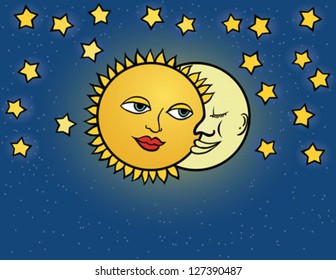 moon and sun, two romantic cartoon characters hugging. Concept of love, family, unity, relationship, genders, togetherness, astrology.