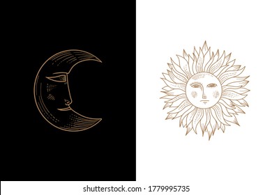 Moon and Sun. Vector illustration. Crescent moon and sun in antique style hand drawn line art. Boho chic tattoo, poster, altar veil, tapestry or fabric print design vector illustration
