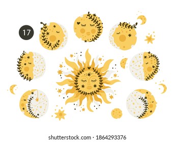 Moon and sun vector kids design. Moon phase lovely kid print. Cute esoteric cosmosm shape. Astronomy crescent moon shape.