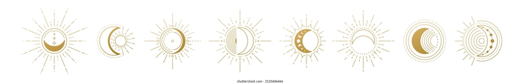 Moon and sun vector logo. Gold line mystic symbol in minimal flat linear style. Magic boho illustrations