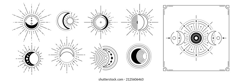 Mond und Sonnenvektorlogo. Zeige mystische Symbole in minimalem linearen Stil. Magische Boho-Astrologie, Astronomie-Illustrationen