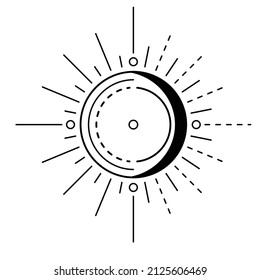 Moon sun vector logo. Line mystic symbol in minimal flat linear style. Magic boho astrology, astronomy illustration template