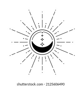 Moon sun vector logo. Line mystic symbol in minimal flat linear style. Magic boho astrology, astronomy illustration template