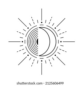 Moon sun vector logo. Line mystic symbol in minimal flat linear style. Magic boho astrology, astronomy illustration template