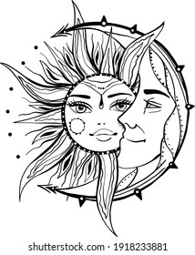 Moon and sun. Vintage style tattoo illustration