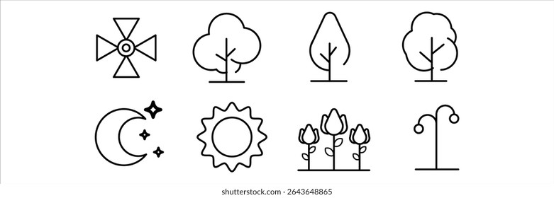 Moon sun windmill trees flowers and stars minimal organic shapes outline icon vector illustration for commercial use.