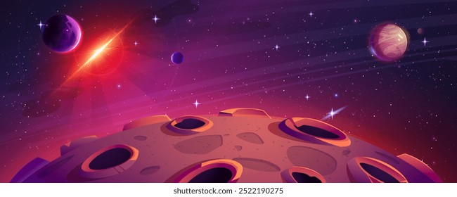 Moon surface against space background. Vector cartoon illustration of alien landscape with craters, planet globes, stars shimmering in dark sky, asteroid light flash in darkness, mysterious galaxy