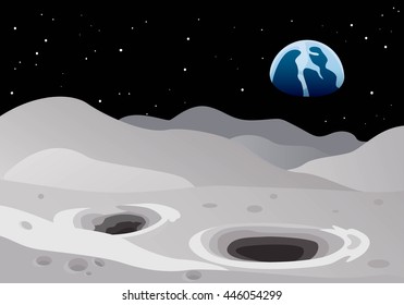 Moon surface. Blue earth seen from the moon. Vector illustration.