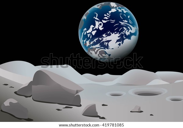 Moon surface. Blue earth seen from the\
moon. Vector\
illustration.