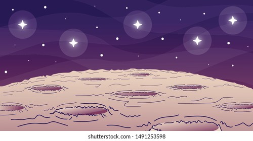 Moon surface flat vector illustration. Earth satellite. Planet in galaxy. Spacewalk. Stars in cosmos. Moonlight cartoon graphics with outline elements on gradient background