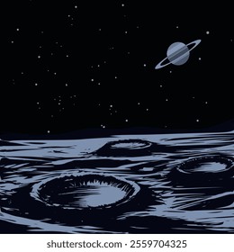 Moon surface illustration with view of saturn and stars