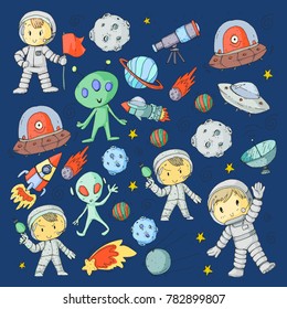 Moon surface. Kindergarten children play space exploration. Alien, ufo, spaceship. rocket. Children, boys and girls with moon, mars, saturn, jupiter