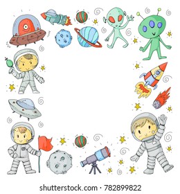 Moon surface. Kindergarten children play space exploration. Alien, ufo, spaceship. rocket. Children, boys and girls with moon, mars, saturn, jupiter