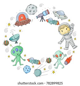 Moon surface. Kindergarten children play space exploration. Alien, ufo, spaceship. rocket. Children, boys and girls with moon, mars, saturn, jupiter