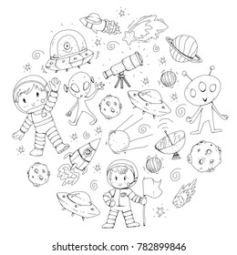 Moon surface. Kindergarten children play space exploration. Alien, ufo, spaceship. rocket. Children, boys and girls with moon, mars, saturn, jupiter