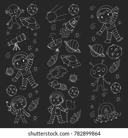 Moon surface. Kindergarten children play space exploration. Alien, ufo, spaceship. rocket. Children, boys and girls with moon, mars, saturn, jupiter