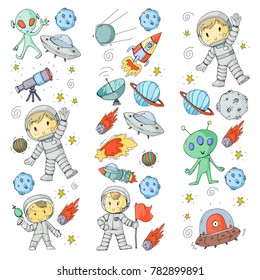 Moon surface. Kindergarten children play space exploration. Alien, ufo, spaceship. rocket. Children, boys and girls with moon, mars, saturn, jupiter