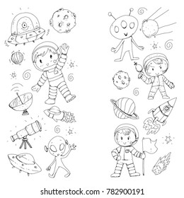 Moon surface. Kindergarten children play space exploration. Alien, ufo, spaceship. rocket. Children, boys and girls with moon, mars, saturn, jupiter